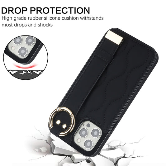 Non-slip Full Coverage Ring PU Phone Case with Wristband, For iPhone 12 Pro / 12, For iPhone 12 Pro Max, For iPhone 12 mini, For iPhone 11 Pro Max, For iPhone 11, For iPhone 11 Pro, For iPhone XS / X, For iPhone XR, For iPhone XS Max�������������������...