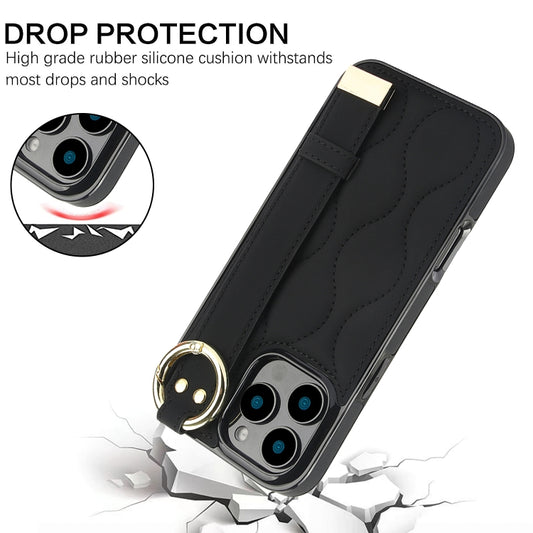 Non-slip Full Coverage Ring PU Phone Case with Wristband, For iPhone 16 Pro Max, For iPhone 16 Pro, For iPhone 16 Plus, For iPhone 16, For iPhone 14 Plus, For iPhone 14, For iPhone 14 Pro, For iPhone 14 Pro Max, For iPhone 13 Pro Max, For iPhone 13 Pro...