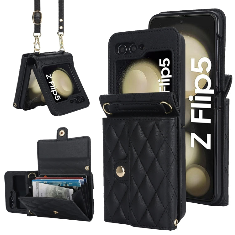 Rhombic Texture Card Bag PU Phone Case with Long Lanyard, For Galaxy Z Flip8 5G, For Samsung Galaxy Z Flip7 FE / Flip6, For Samsung Galaxy Z Flip7 5G, For Samsung Galaxy Z Flip5, For Samsung Galaxy Z Flip4, For Samsung Galaxy Z Flip3