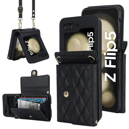 Rhombic Texture Card Bag PU Phone Case with Long Lanyard, For Galaxy Z Flip8 5G, For Samsung Galaxy Z Flip7 FE / Flip6, For Samsung Galaxy Z Flip7 5G, For Samsung Galaxy Z Flip5, For Samsung Galaxy Z Flip4, For Samsung Galaxy Z Flip3