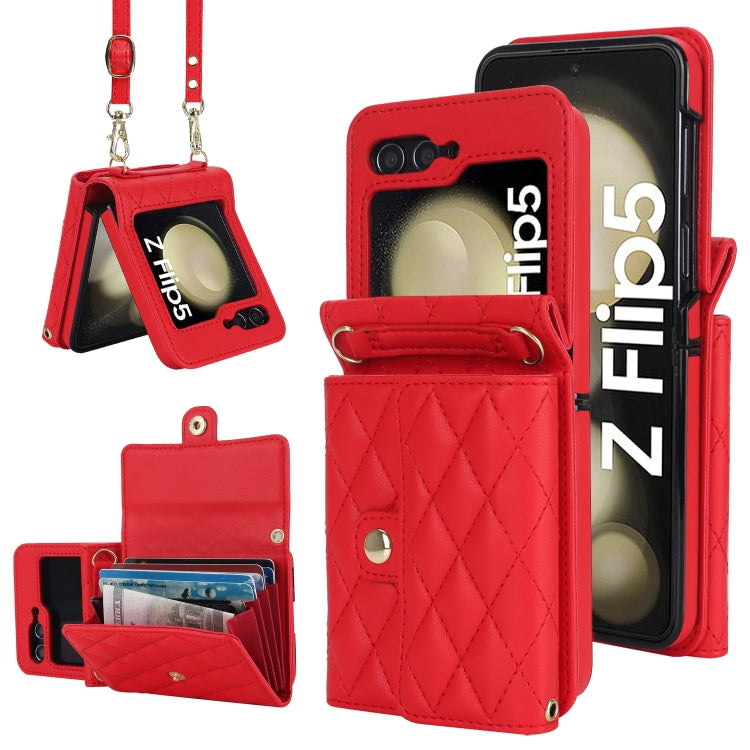 Rhombic Texture Card Bag PU Phone Case with Long Lanyard, For Galaxy Z Flip8 5G, For Samsung Galaxy Z Flip7 FE / Flip6, For Samsung Galaxy Z Flip7 5G, For Samsung Galaxy Z Flip5, For Samsung Galaxy Z Flip4, For Samsung Galaxy Z Flip3