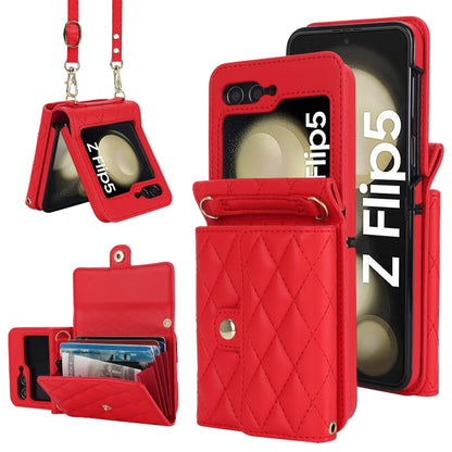 Rhombic Texture Card Bag PU Phone Case with Long Lanyard, For Galaxy Z Flip8 5G, For Samsung Galaxy Z Flip7 FE / Flip6, For Samsung Galaxy Z Flip7 5G, For Samsung Galaxy Z Flip5, For Samsung Galaxy Z Flip4, For Samsung Galaxy Z Flip3