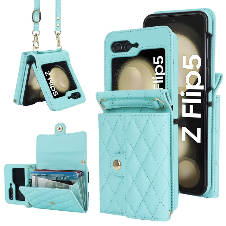 Rhombic Texture Card Bag PU Phone Case with Long Lanyard, For Galaxy Z Flip8 5G, For Samsung Galaxy Z Flip7 FE / Flip6, For Samsung Galaxy Z Flip7 5G, For Samsung Galaxy Z Flip5, For Samsung Galaxy Z Flip4, For Samsung Galaxy Z Flip3