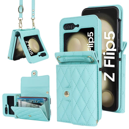 Rhombic Texture Card Bag PU Phone Case with Long Lanyard, For Galaxy Z Flip8 5G, For Samsung Galaxy Z Flip7 FE / Flip6, For Samsung Galaxy Z Flip7 5G, For Samsung Galaxy Z Flip5, For Samsung Galaxy Z Flip4, For Samsung Galaxy Z Flip3