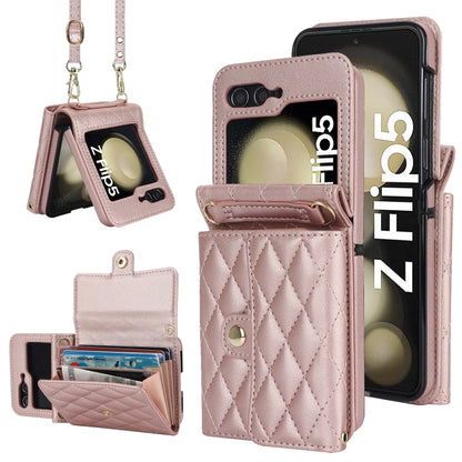 Rhombic Texture Card Bag PU Phone Case with Long Lanyard, For Galaxy Z Flip8 5G, For Samsung Galaxy Z Flip7 FE / Flip6, For Samsung Galaxy Z Flip7 5G, For Samsung Galaxy Z Flip5, For Samsung Galaxy Z Flip4, For Samsung Galaxy Z Flip3