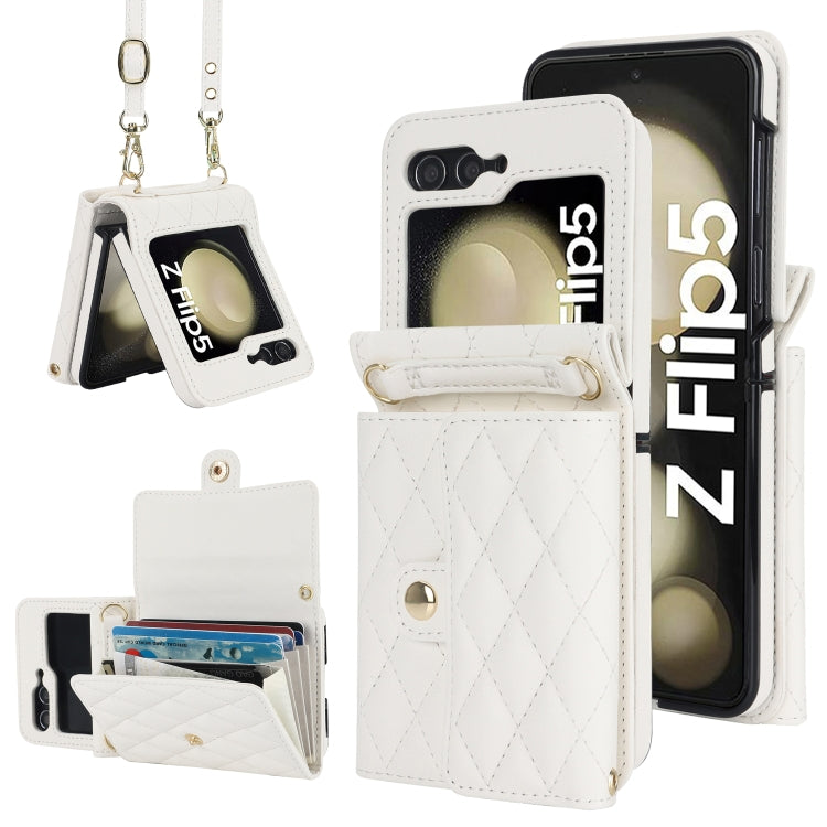 Rhombic Texture Card Bag PU Phone Case with Long Lanyard, For Galaxy Z Flip8 5G, For Samsung Galaxy Z Flip7 FE / Flip6, For Samsung Galaxy Z Flip7 5G, For Samsung Galaxy Z Flip5, For Samsung Galaxy Z Flip4, For Samsung Galaxy Z Flip3
