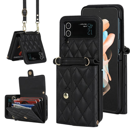 Rhombic Texture Card Bag PU Phone Case with Long Lanyard, For Galaxy Z Flip8 5G, For Samsung Galaxy Z Flip7 FE / Flip6, For Samsung Galaxy Z Flip7 5G, For Samsung Galaxy Z Flip5, For Samsung Galaxy Z Flip4, For Samsung Galaxy Z Flip3