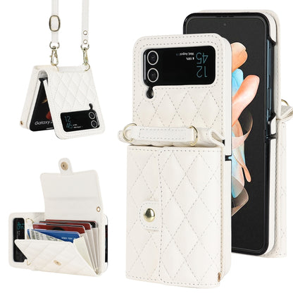 Rhombic Texture Card Bag PU Phone Case with Long Lanyard, For Galaxy Z Flip8 5G, For Samsung Galaxy Z Flip7 FE / Flip6, For Samsung Galaxy Z Flip7 5G, For Samsung Galaxy Z Flip5, For Samsung Galaxy Z Flip4, For Samsung Galaxy Z Flip3