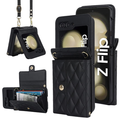 Rhombic Texture Card Bag PU Phone Case with Long Lanyard, For Galaxy Z Flip8 5G, For Samsung Galaxy Z Flip7 FE / Flip6, For Samsung Galaxy Z Flip7 5G, For Samsung Galaxy Z Flip5, For Samsung Galaxy Z Flip4, For Samsung Galaxy Z Flip3