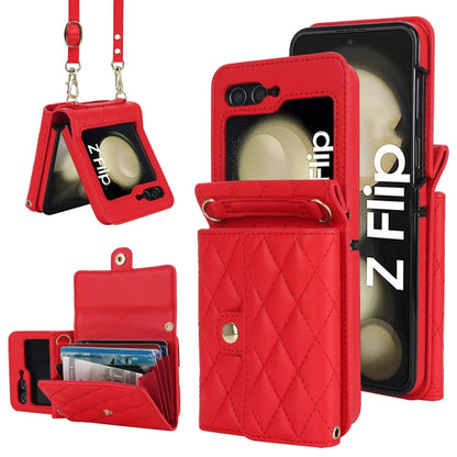 Rhombic Texture Card Bag PU Phone Case with Long Lanyard, For Galaxy Z Flip8 5G, For Samsung Galaxy Z Flip7 FE / Flip6, For Samsung Galaxy Z Flip7 5G, For Samsung Galaxy Z Flip5, For Samsung Galaxy Z Flip4, For Samsung Galaxy Z Flip3