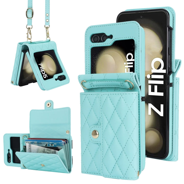 Rhombic Texture Card Bag PU Phone Case with Long Lanyard, For Galaxy Z Flip8 5G, For Samsung Galaxy Z Flip7 FE / Flip6, For Samsung Galaxy Z Flip7 5G, For Samsung Galaxy Z Flip5, For Samsung Galaxy Z Flip4, For Samsung Galaxy Z Flip3