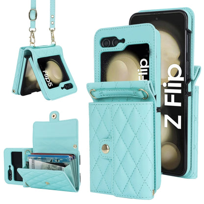 Rhombic Texture Card Bag PU Phone Case with Long Lanyard, For Galaxy Z Flip8 5G, For Samsung Galaxy Z Flip7 FE / Flip6, For Samsung Galaxy Z Flip7 5G, For Samsung Galaxy Z Flip5, For Samsung Galaxy Z Flip4, For Samsung Galaxy Z Flip3