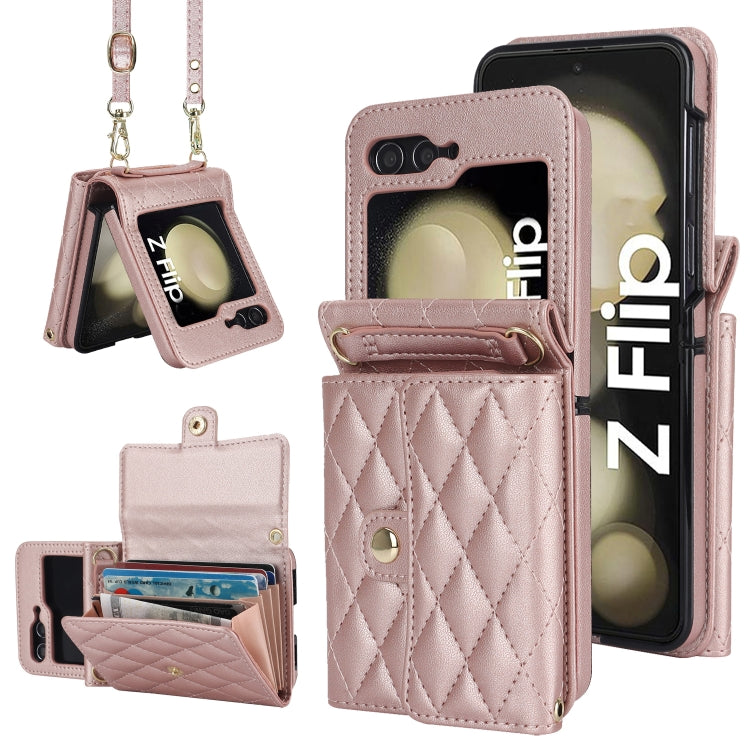 Rhombic Texture Card Bag PU Phone Case with Long Lanyard, For Galaxy Z Flip8 5G, For Samsung Galaxy Z Flip7 FE / Flip6, For Samsung Galaxy Z Flip7 5G, For Samsung Galaxy Z Flip5, For Samsung Galaxy Z Flip4, For Samsung Galaxy Z Flip3