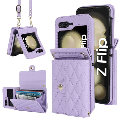 Rhombic Texture Card Bag PU Phone Case with Long Lanyard, For Galaxy Z Flip8 5G, For Samsung Galaxy Z Flip7 FE / Flip6, For Samsung Galaxy Z Flip7 5G, For Samsung Galaxy Z Flip5, For Samsung Galaxy Z Flip4, For Samsung Galaxy Z Flip3