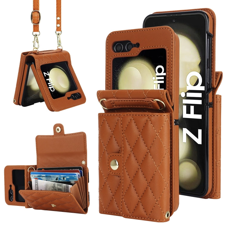 Rhombic Texture Card Bag PU Phone Case with Long Lanyard, For Galaxy Z Flip8 5G, For Samsung Galaxy Z Flip7 FE / Flip6, For Samsung Galaxy Z Flip7 5G, For Samsung Galaxy Z Flip5, For Samsung Galaxy Z Flip4, For Samsung Galaxy Z Flip3