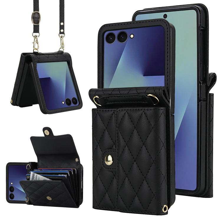 Rhombic Texture Card Bag PU Phone Case with Long Lanyard, For Galaxy Z Flip8 5G, For Samsung Galaxy Z Flip7 FE / Flip6, For Samsung Galaxy Z Flip7 5G, For Samsung Galaxy Z Flip5, For Samsung Galaxy Z Flip4, For Samsung Galaxy Z Flip3