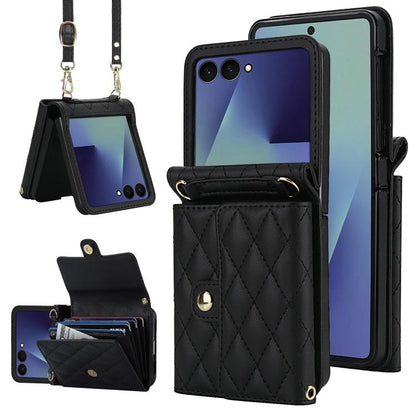Rhombic Texture Card Bag PU Phone Case with Long Lanyard, For Galaxy Z Flip8 5G, For Samsung Galaxy Z Flip7 FE / Flip6, For Samsung Galaxy Z Flip7 5G, For Samsung Galaxy Z Flip5, For Samsung Galaxy Z Flip4, For Samsung Galaxy Z Flip3