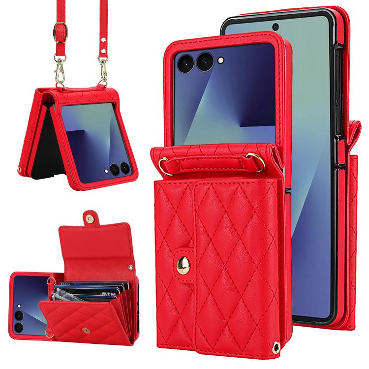 Rhombic Texture Card Bag PU Phone Case with Long Lanyard, For Galaxy Z Flip8 5G, For Samsung Galaxy Z Flip7 FE / Flip6, For Samsung Galaxy Z Flip7 5G, For Samsung Galaxy Z Flip5, For Samsung Galaxy Z Flip4, For Samsung Galaxy Z Flip3