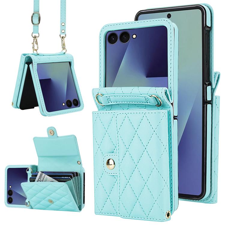 Rhombic Texture Card Bag PU Phone Case with Long Lanyard, For Galaxy Z Flip8 5G, For Samsung Galaxy Z Flip7 FE / Flip6, For Samsung Galaxy Z Flip7 5G, For Samsung Galaxy Z Flip5, For Samsung Galaxy Z Flip4, For Samsung Galaxy Z Flip3