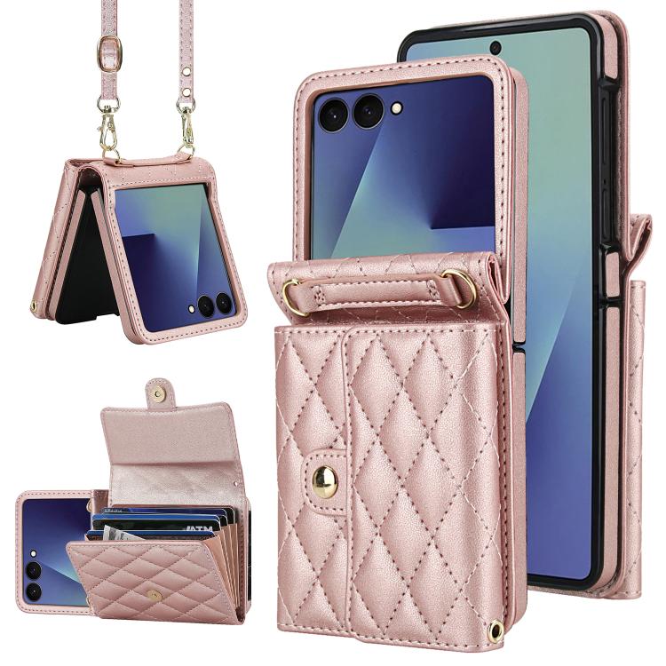 Rhombic Texture Card Bag PU Phone Case with Long Lanyard, For Galaxy Z Flip8 5G, For Samsung Galaxy Z Flip7 FE / Flip6, For Samsung Galaxy Z Flip7 5G, For Samsung Galaxy Z Flip5, For Samsung Galaxy Z Flip4, For Samsung Galaxy Z Flip3