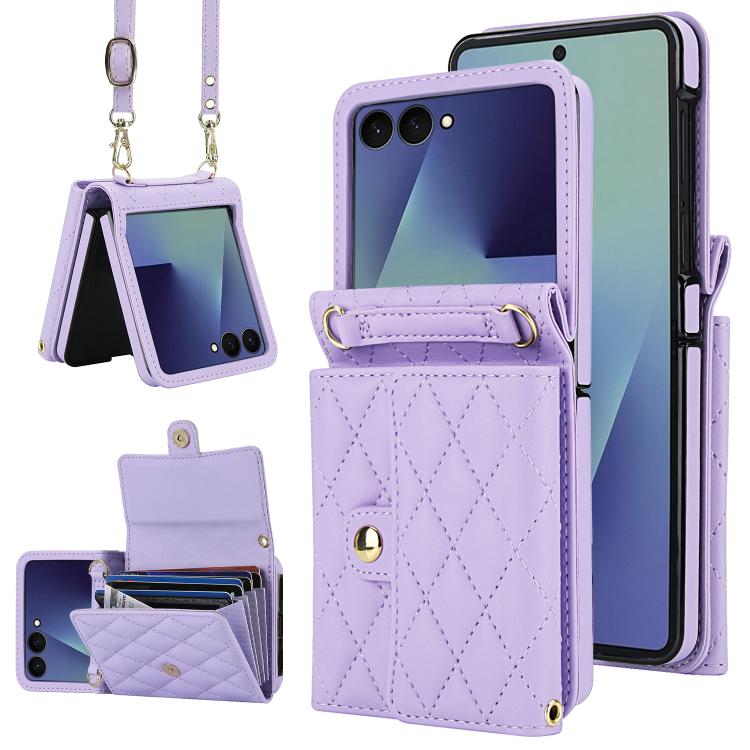 Rhombic Texture Card Bag PU Phone Case with Long Lanyard, For Galaxy Z Flip8 5G, For Samsung Galaxy Z Flip7 FE / Flip6, For Samsung Galaxy Z Flip7 5G, For Samsung Galaxy Z Flip5, For Samsung Galaxy Z Flip4, For Samsung Galaxy Z Flip3