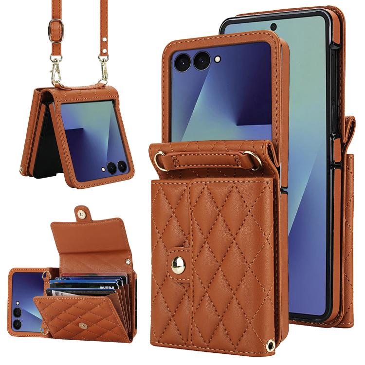 Rhombic Texture Card Bag PU Phone Case with Long Lanyard, For Galaxy Z Flip8 5G, For Samsung Galaxy Z Flip7 FE / Flip6, For Samsung Galaxy Z Flip7 5G, For Samsung Galaxy Z Flip5, For Samsung Galaxy Z Flip4, For Samsung Galaxy Z Flip3