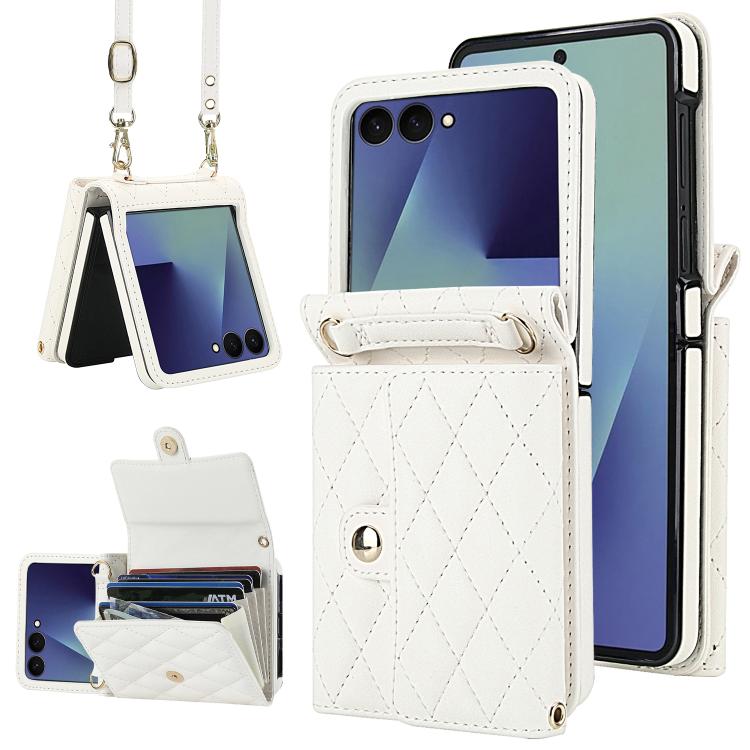 Rhombic Texture Card Bag PU Phone Case with Long Lanyard, For Galaxy Z Flip8 5G, For Samsung Galaxy Z Flip7 FE / Flip6, For Samsung Galaxy Z Flip7 5G, For Samsung Galaxy Z Flip5, For Samsung Galaxy Z Flip4, For Samsung Galaxy Z Flip3
