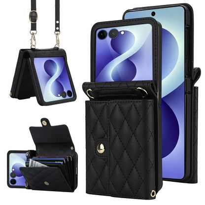 Rhombic Texture Card Bag PU Phone Case with Long Lanyard, For Galaxy Z Flip8 5G, For Samsung Galaxy Z Flip7 FE / Flip6, For Samsung Galaxy Z Flip7 5G, For Samsung Galaxy Z Flip5, For Samsung Galaxy Z Flip4, For Samsung Galaxy Z Flip3