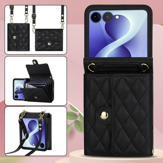 Rhombic Texture Card Bag PU Phone Case with Long Lanyard, For Galaxy Z Flip8 5G, For Samsung Galaxy Z Flip7 FE / Flip6, For Samsung Galaxy Z Flip7 5G, For Samsung Galaxy Z Flip5, For Samsung Galaxy Z Flip4, For Samsung Galaxy Z Flip3