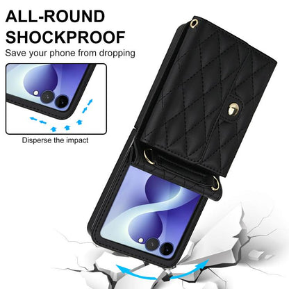 Rhombic Texture Card Bag PU Phone Case with Long Lanyard, For Galaxy Z Flip8 5G, For Samsung Galaxy Z Flip7 FE / Flip6, For Samsung Galaxy Z Flip7 5G, For Samsung Galaxy Z Flip5, For Samsung Galaxy Z Flip4, For Samsung Galaxy Z Flip3