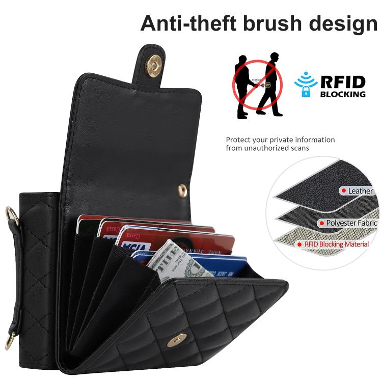 Rhombic Texture Card Bag PU Phone Case with Long Lanyard, For Galaxy Z Flip8 5G, For Samsung Galaxy Z Flip7 FE / Flip6, For Samsung Galaxy Z Flip7 5G, For Samsung Galaxy Z Flip5, For Samsung Galaxy Z Flip4, For Samsung Galaxy Z Flip3