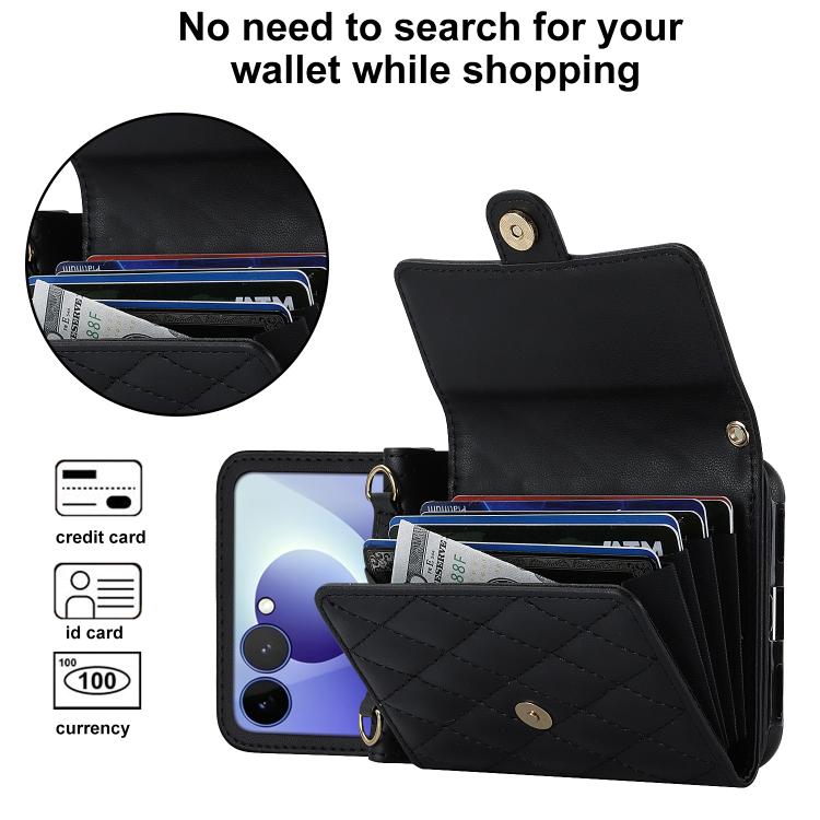 Rhombic Texture Card Bag PU Phone Case with Long Lanyard, For Galaxy Z Flip8 5G, For Samsung Galaxy Z Flip7 FE / Flip6, For Samsung Galaxy Z Flip7 5G, For Samsung Galaxy Z Flip5, For Samsung Galaxy Z Flip4, For Samsung Galaxy Z Flip3