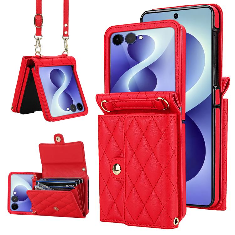 Rhombic Texture Card Bag PU Phone Case with Long Lanyard, For Galaxy Z Flip8 5G, For Samsung Galaxy Z Flip7 FE / Flip6, For Samsung Galaxy Z Flip7 5G, For Samsung Galaxy Z Flip5, For Samsung Galaxy Z Flip4, For Samsung Galaxy Z Flip3