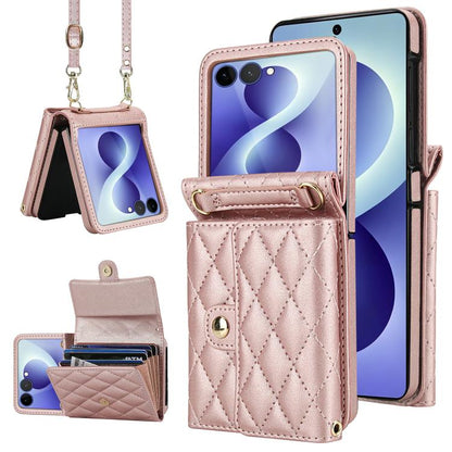 Rhombic Texture Card Bag PU Phone Case with Long Lanyard, For Galaxy Z Flip8 5G, For Samsung Galaxy Z Flip7 FE / Flip6, For Samsung Galaxy Z Flip7 5G, For Samsung Galaxy Z Flip5, For Samsung Galaxy Z Flip4, For Samsung Galaxy Z Flip3