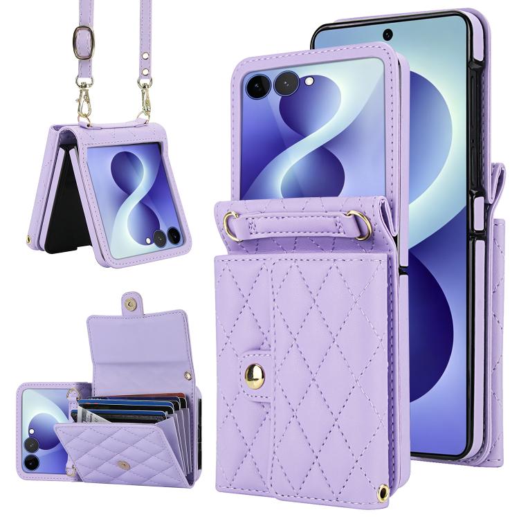 Rhombic Texture Card Bag PU Phone Case with Long Lanyard, For Galaxy Z Flip8 5G, For Samsung Galaxy Z Flip7 FE / Flip6, For Samsung Galaxy Z Flip7 5G, For Samsung Galaxy Z Flip5, For Samsung Galaxy Z Flip4, For Samsung Galaxy Z Flip3