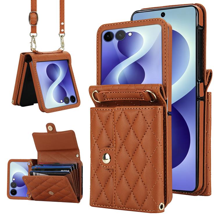 Rhombic Texture Card Bag PU Phone Case with Long Lanyard, For Galaxy Z Flip8 5G, For Samsung Galaxy Z Flip7 FE / Flip6, For Samsung Galaxy Z Flip7 5G, For Samsung Galaxy Z Flip5, For Samsung Galaxy Z Flip4, For Samsung Galaxy Z Flip3