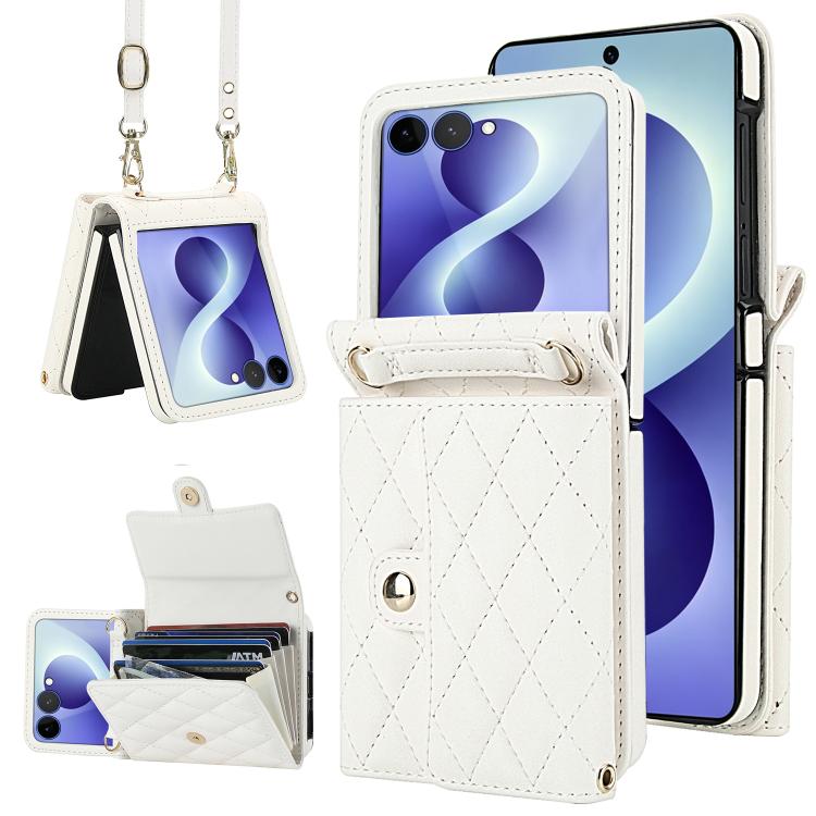 Rhombic Texture Card Bag PU Phone Case with Long Lanyard, For Galaxy Z Flip8 5G, For Samsung Galaxy Z Flip7 FE / Flip6, For Samsung Galaxy Z Flip7 5G, For Samsung Galaxy Z Flip5, For Samsung Galaxy Z Flip4, For Samsung Galaxy Z Flip3