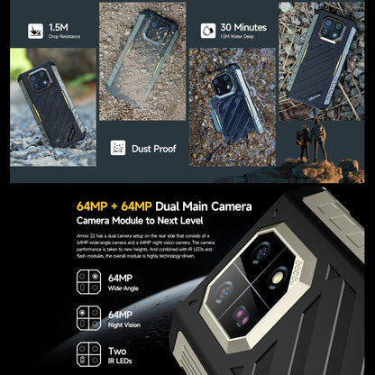 Ulefone Armor 22, IP68/IP69K Rugged Phone, 6.58 inch Android 15 MediaTek Helio G96 Octa Core, Network: 4G, NFC, OTG, 8GB+128GB, 8GB+256GB