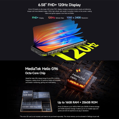 Ulefone Armor 22, IP68/IP69K Rugged Phone, 6.58 inch Android 15 MediaTek Helio G96 Octa Core, Network: 4G, NFC, OTG, 8GB+128GB, 8GB+256GB