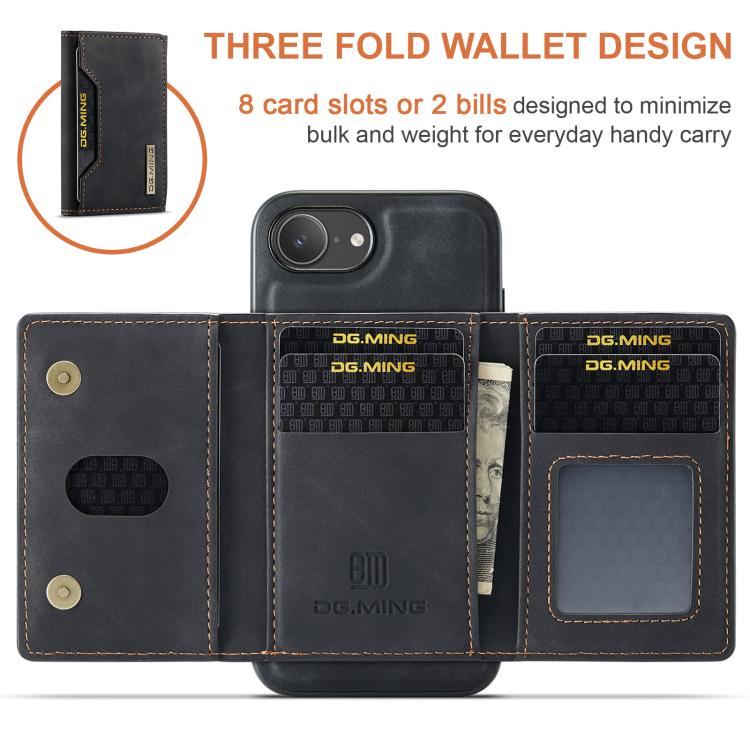 DG.MING M2 Series 3-Fold Card Bag Wallet Leather Phone Case, For iPhone 17e / 16e, For iPhone 17 Pro Max, For iPhone 17 Pro, For iPhone 17, For iPhone Air, For iPhone 16 Pro Max, For iPhone 16 Pro, For iPhone 16 Plus, For iPhone 16, For iPhone 15 Pro M...