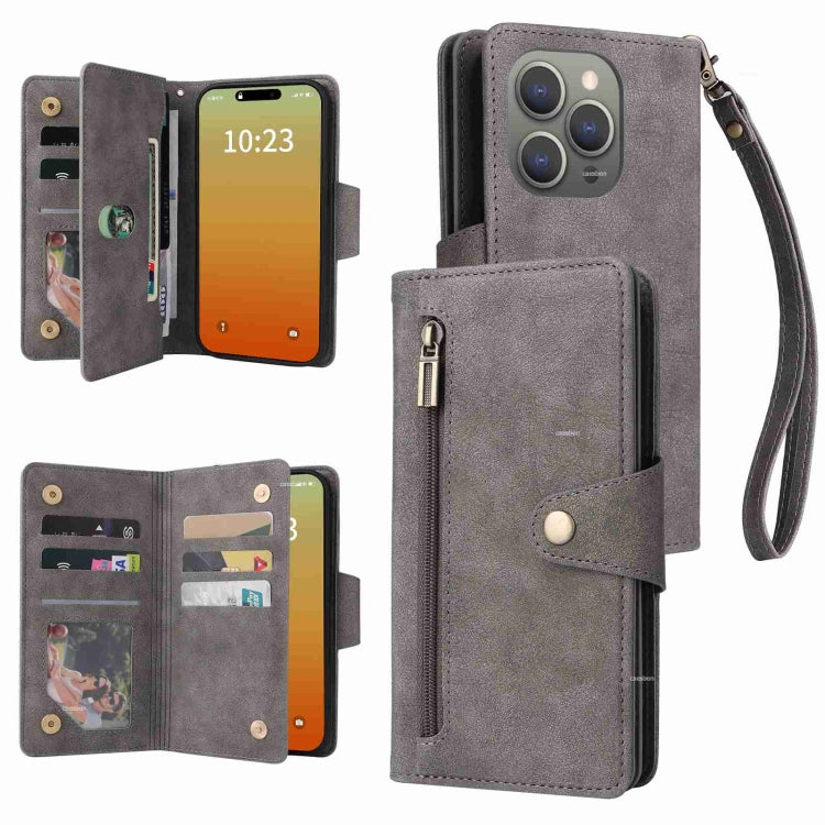 Rivet Buckle 9 Cards Three Fold Leather Phone Case