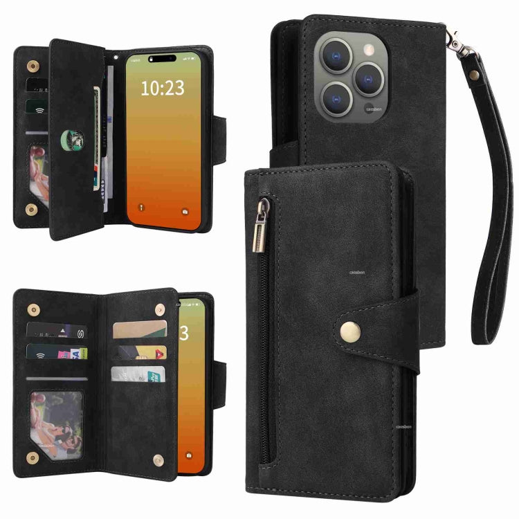Rivet Buckle 9 Cards Three Fold Leather Phone Case