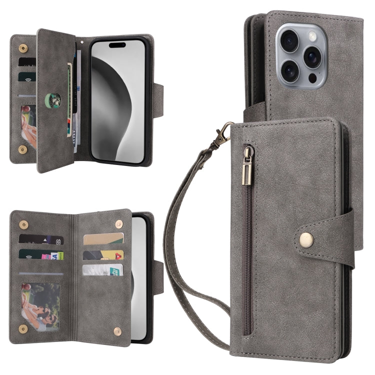 Rivet Buckle 9 Cards Three Fold Leather Phone Case