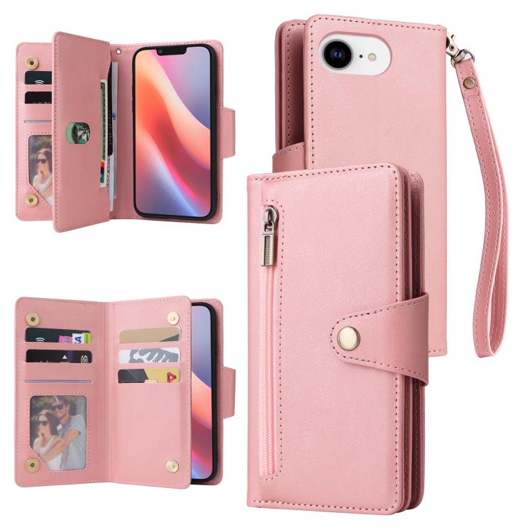 Rivet Buckle 9 Cards Three Fold Leather Phone Case
