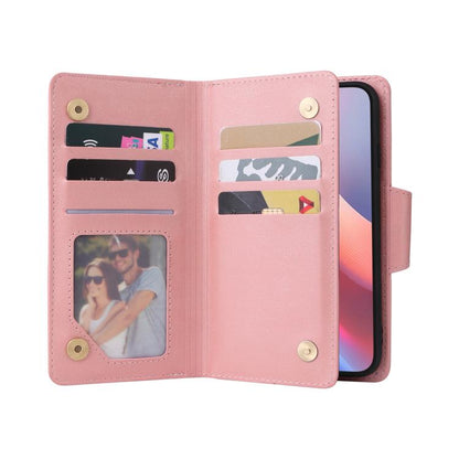 Rivet Buckle 9 Cards Three Fold Leather Phone Case, For iPhone 17e / 16e, For iPhone 17 Pro Max, For iPhone 17 Pro, For iPhone 17, For iPhone Air, For iPhone 16 Pro Max, For iPhone 16 Pro, For iPhone 16 Plus, For iPhone 16, For iPhone 15 Pro Max       ...