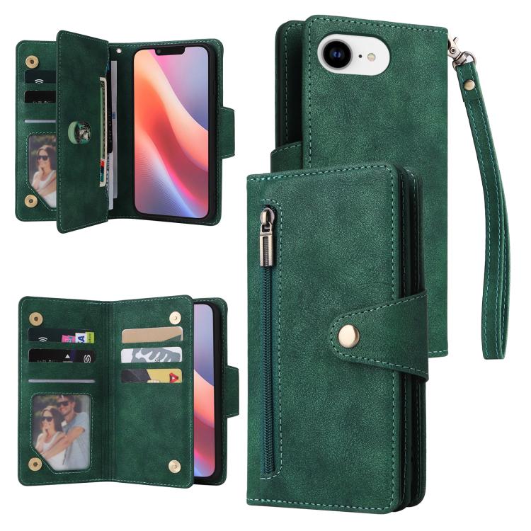 Rivet Buckle 9 Cards Three Fold Leather Phone Case, For iPhone 17e / 16e, For iPhone 17 Pro Max, For iPhone 17 Pro, For iPhone 17, For iPhone Air, For iPhone 16 Pro Max, For iPhone 16 Pro, For iPhone 16 Plus, For iPhone 16, For iPhone 15 Pro Max       ...