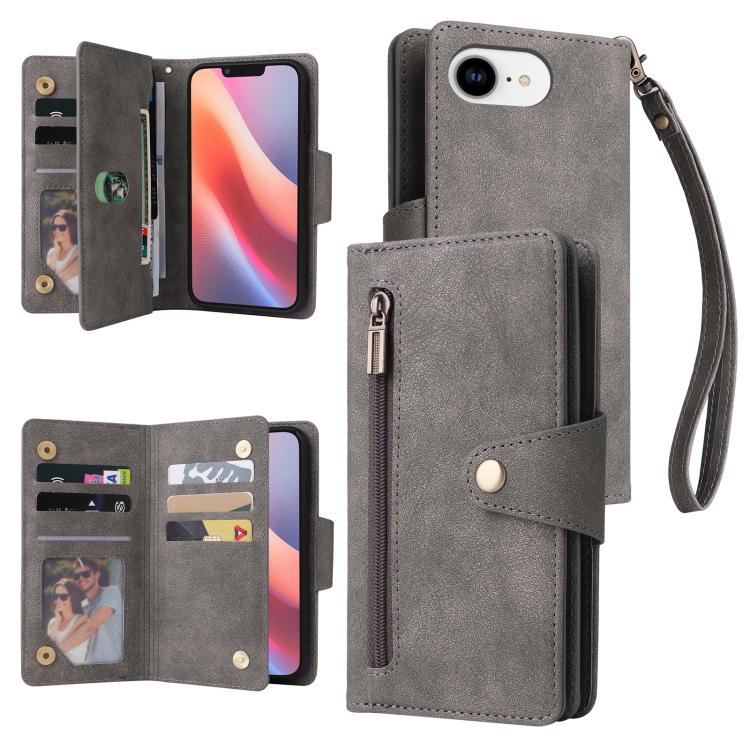 Rivet Buckle 9 Cards Three Fold Leather Phone Case