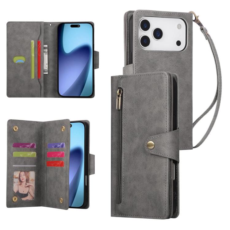 Rivet Buckle 9 Cards Three Fold Leather Phone Case, For iPhone 17e / 16e, For iPhone 17 Pro Max, For iPhone 17 Pro, For iPhone 17, For iPhone Air, For iPhone 16 Pro Max, For iPhone 16 Pro, For iPhone 16 Plus, For iPhone 16, For iPhone 15 Pro Max       ...