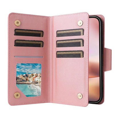 Rivet Buckle 9 Cards Three Fold Leather Phone Case, For iPhone 18 / 17, For iPhone 18 Pro / 17 Pro, For iPhone 18 Pro Max / 17 Pro Max, For iPhone 17e / 16e, For iPhone Air, For iPhone 16 Pro Max, For iPhone 16 Pro, For iPhone 16 Plus, For iPhone 16   ...