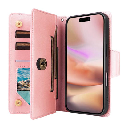 Rivet Buckle 9 Cards Three Fold Leather Phone Case, For iPhone 18 / 17, For iPhone 18 Pro / 17 Pro, For iPhone 18 Pro Max / 17 Pro Max, For iPhone 17e / 16e, For iPhone Air, For iPhone 16 Pro Max, For iPhone 16 Pro, For iPhone 16 Plus, For iPhone 16   ...